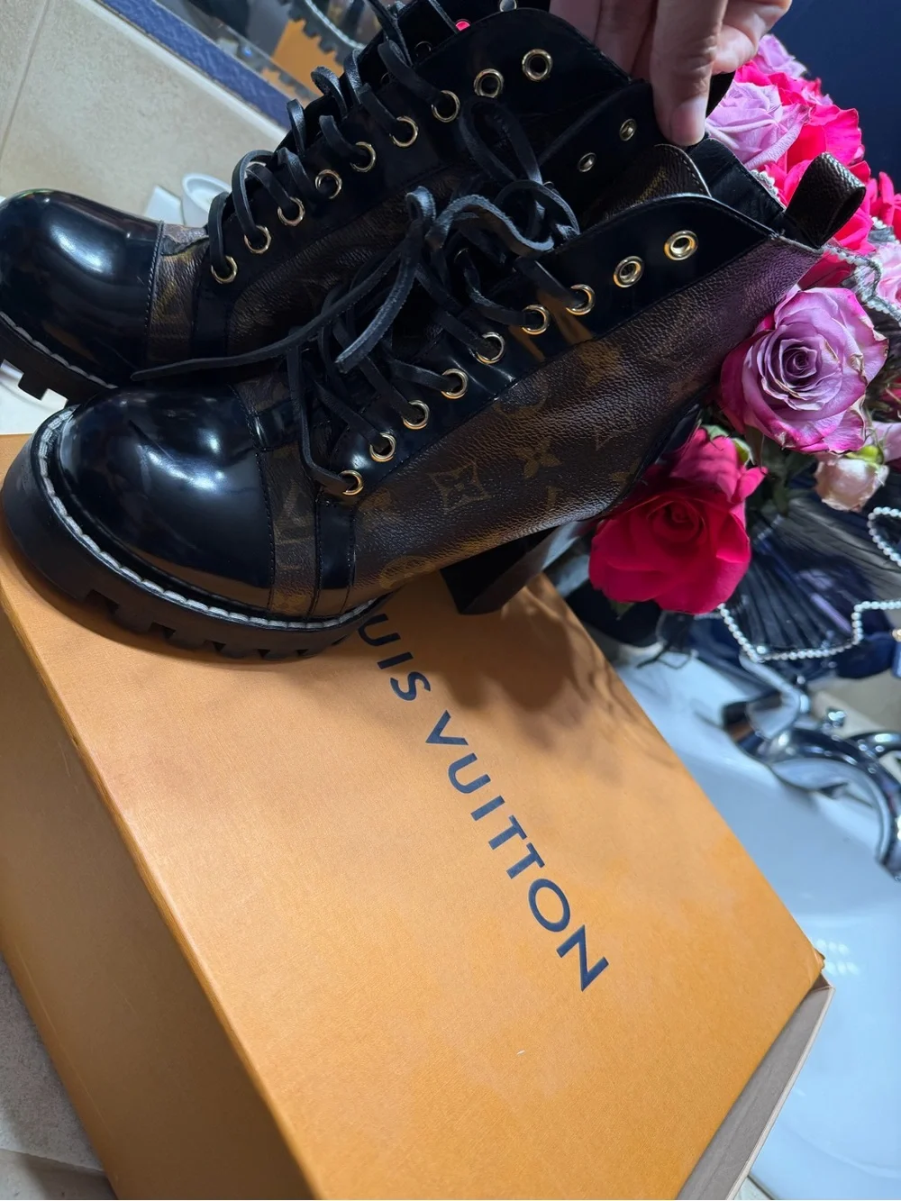 Louis Vuitton Black and Brown Monogram Lace-Up Platform Boots
